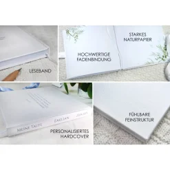 personalisiertes Gästebuch & Album zur Taufe mit Kreuz aus Fischen in Hellblau blanko o. mit Fragebogen