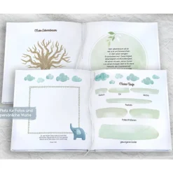 personalisiertes Gästebuch zur Taufe mit Wal, Welle, Herz in Grau & Hellblau blanko od. mit Fragen / Fragebogen