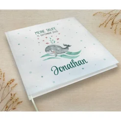 personalisiertes Gästebuch zur Taufe mit Wal, Welle, Herz in Grau & Hellblau blanko od. mit Fragen / Fragebogen
