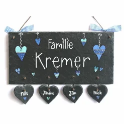 Personalisiertes Haustürschild Familie – Edles Schieferschild mit Herzanhänger & Name, handgefertigt, wetterfest, exklusiv, einzigartig, individuell - Familiengeschenk Türschild