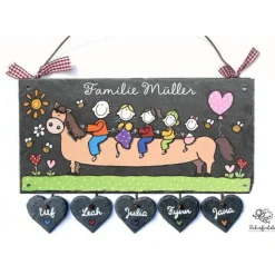 Personalisiertes Haustürschild aus Schiefer – Familienschild mit Name & Pferd, handgemachtes Türschild wetterfest