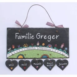 personalisiertes Hochzeitsgeschenk: Türschild aus Schiefer mit Name personalisiert, wetterfestes Schieferschild für die Haustür, bunt & handgemalt