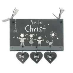 Personalisiertes Hochzeitsgeschenk – Familienschild aus Schiefer mit Herzanhänger, wetterfest & handgefertigt