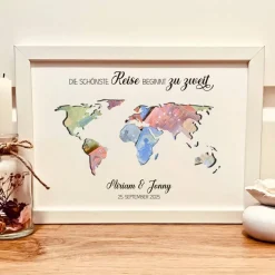 Personalisiertes Hochzeitsgeschenk – Geldgeschenk Weltkarte mit Namen & Datum | Die schönste Reise beginnt zu zweit