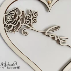 Personalisiertes Holzherz als Hochzeitsdekoration oder Geschenk zum Valentinstag, Herz mit Rose Love und Namen