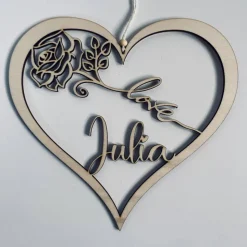 Personalisiertes Holzherz als Hochzeitsdekoration oder Geschenk zum Valentinstag, Herz mit Rose Love und Namen