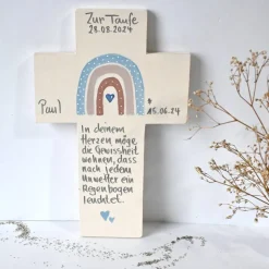 Personalisiertes Holzkreuz zur Kommunion & Taufe – Regenbogen Kinderkreuz handgemacht