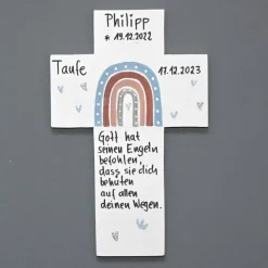 Personalisiertes Holzkreuz zur Kommunion & Taufe – Regenbogen Kinderkreuz handgemacht