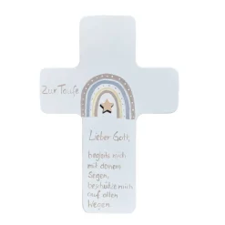 Personalisiertes Holzkreuz mit Regenbogen  – Geschenk zur Taufe, Geburt, Kommunion