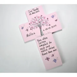 Personalisiertes Holzkreuz Lebensbaum für Mädchen – Taufkreuz Geschenk zur Taufe und Kommunion