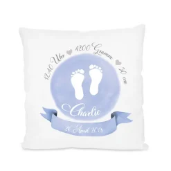 Personalisiertes Kissen für Babys zur Geburt u. Taufe, Babygeschenk mit Geburtsdaten in Blau mit Fußabdrücken