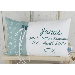 Personalisiertes Kissen zur Kommunion oder Konfirmation, in grün und weiß, aus Baumwollstoff, ein tolles Namenskissen