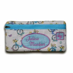 Personalisiertes Kosmetiktäschchen mit eigenem Wunschtext Fahrrad-Design in blau lila mit Blumen Monogramm Stickerei