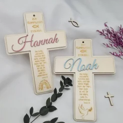 Personalisiertes Kreuz aus Holz zur Kommunion Pate Geschenk Handarbeit Wanddeko Tischdeko