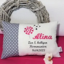 personalisiertes Namenskissen Geschenk zur Kommunion Konfirmation Geburt Taufe in grau weiß