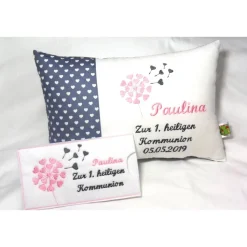 personalisiertes Namenskissen Geschenk zur Kommunion Konfirmation Geburt Taufe in grau weiß