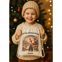 Personalisiertes Nikolaussäckchen mit Name – Weihnachtsgeschenkbeutel Rentier, Leinen-Optik, 36x43cm, Natur, Kordelzug