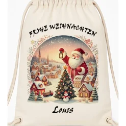 Personalisiertes Nikolaussäckchen mit Name – Weihnachtsgeschenkbeutel Rentier, Leinen-Optik, 36x43cm, Natur, Kordelzug
