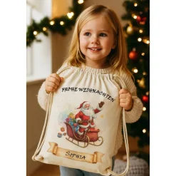 Personalisiertes Nikolaussäckchen mit Name – Weihnachtsgeschenkbeutel Rentier, Leinen-Optik, 36x43cm, Natur, Kordelzug