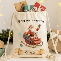 Personalisiertes Nikolaussäckchen mit Name – Weihnachtsgeschenkbeutel Rentier, Leinen-Optik, 36x43cm, Natur, Kordelzug