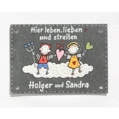 Personalisiertes Schiefertürschild für Paare mit Engel und Teufel – Individuelles Haustürschild mit Namen