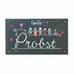personalisiertes Schieferschild für Familien personalisiert mit Name und Figuren, dekoratives Haustürschild aus Schiefer