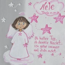 Personalisiertes Schutzengelbild Mädchen – Handgemalt auf Leinwand als Taufgeschenk 20x20