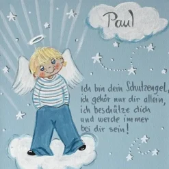 Personalisiertes Schutzengelbild für Jungen – Taufgeschenk handgemalt auf Keilrahmen