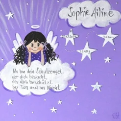 Personalisiertes Schutzengelbild zur Taufe für Mädchen – Handgemaltes Geschenk 20x20 cm, rosa Engel, Patenkind, Enkelkind