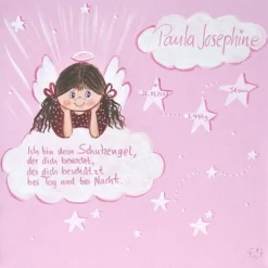 Personalisiertes Schutzengelbild zur Taufe für Mädchen – Handgemaltes Geschenk 20x20 cm, rosa Engel, Patenkind, Enkelkind