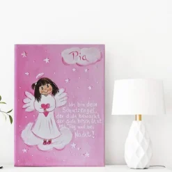 Personalisiertes Schutzengelbild Mädchen Rosa auf Keilrahmen – Handgemaltes Engelbild zur Taufe & Geburt