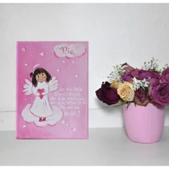 Personalisiertes Schutzengelbild Mädchen Rosa auf Keilrahmen – Handgemaltes Engelbild zur Taufe & Geburt