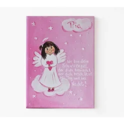 Personalisiertes Schutzengelbild Mädchen Rosa auf Keilrahmen – Handgemaltes Engelbild zur Taufe & Geburt