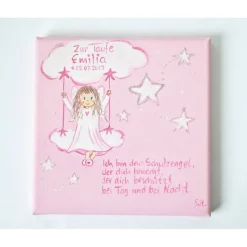 Personalisiertes Schutzengelbild Mädchen handgemalt – Einzigartiges Taufgeschenk mit Spruch, 20x20 cm