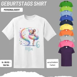 Personalisiertes Shirt GEBURTSTAG Zahl & Name personalisiert ~ Ballerina Fee Bunt Schmetterlinge