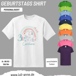 Personalisiertes Shirt GEBURTSTAG Zahl & Name personalisiert Regenbogen Elefant