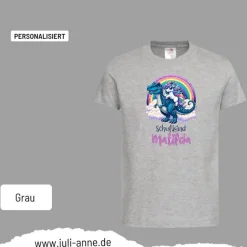 Personalisiertes Shirt SCHULKIND Name personalisiert T-Rex cooles Einhorn auf T-Rex