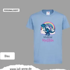Personalisiertes Shirt SCHULKIND Name personalisiert T-Rex cooles Einhorn auf T-Rex