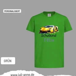 Personalisiertes Shirt SCHULKIND Name personalisiert T-Rex Rennauto Gelb