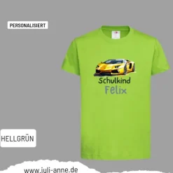 Personalisiertes Shirt SCHULKIND Name personalisiert T-Rex Rennauto Gelb