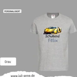 Personalisiertes Shirt SCHULKIND Name personalisiert T-Rex Rennauto Gelb