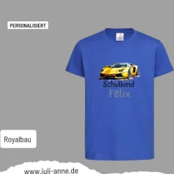 Personalisiertes Shirt SCHULKIND Name personalisiert T-Rex Rennauto Gelb
