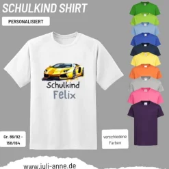 Personalisiertes Shirt SCHULKIND Name personalisiert T-Rex Rennauto Gelb
