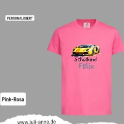 Personalisiertes Shirt SCHULKIND Name personalisiert T-Rex Rennauto Gelb