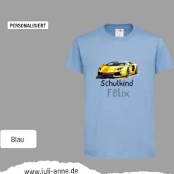 Personalisiertes Shirt SCHULKIND Name personalisiert T-Rex Rennauto Gelb