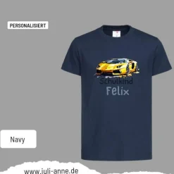Personalisiertes Shirt SCHULKIND Name personalisiert T-Rex Rennauto Gelb