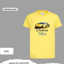 Personalisiertes Shirt SCHULKIND Name personalisiert T-Rex Rennauto Gelb