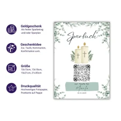Personalisiertes Sparbuch mit QR-Code. Das perfekte Geschenk zur Taufe | Taufkerze