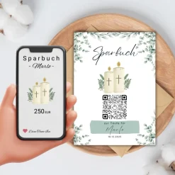 Personalisiertes Sparbuch mit QR-Code. Das perfekte Geschenk zur Taufe | Taufkerze