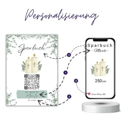 Personalisiertes Sparbuch mit QR-Code. Das perfekte Geschenk zur Taufe | Taufkerze